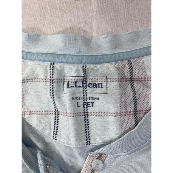 LLBean Long Sleeve Henley Pajama Set Top Pants Light Blue Plaid Cotton L PET - Picture 5 of 15